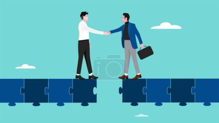 make business deals to achieve business goal with two business people shaking hands to connect puzzle bridge, agreement to achieve business success, business partnership concept vector illustration