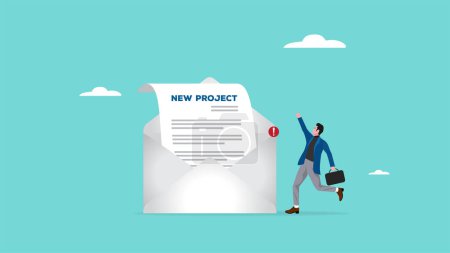 get new project from email with businessman jumping happily next to email envelope notifying new job, job offer or new opportunity from email concept, human resources, vacancy or hiring illustration