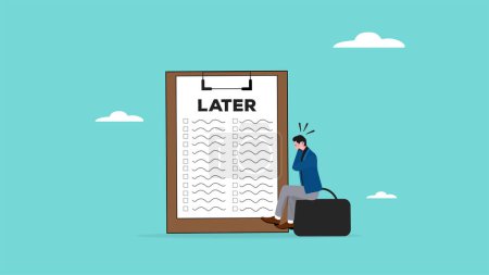 stressed because a lot of work has piled up, delaying work or wasting time, Stressful businessman complete work that has piled up because they are wasting time concept vector illustration