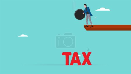 Illustration for Reduce tax liability, optimizing income tax value and wealth management, Tax payment reduction concept, Businesspeople drop a weight ball on the word tax to reduce its value - Royalty Free Image