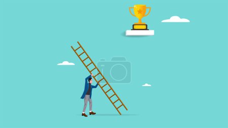 businessman builds ladder to reach trophy of success, effort to achieve business target and goals, creative idea to achieve victory