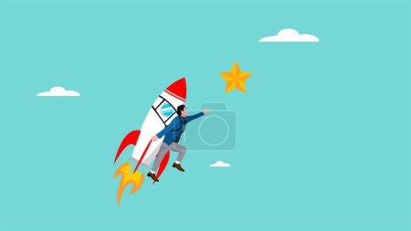 Hoffnung auf Erfolg bei Unternehmensgründungen, Geschäftsmann reitet eine Startup-Business-Rakete versucht, die Sterne des Erfolgs Konzept Vektor Illustration zu erreichen