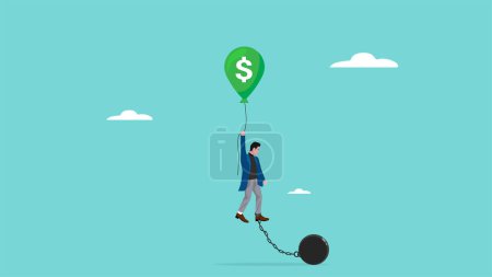 tax burden, business budget barriers, taxation problem for wealth accumulation, businessman fails to fly using a green balloon with a dollar symbol because of the weight ball attached to his feet
