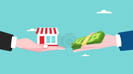 company buyout, selling company offer or merger, acquisition agreement or take over, franchise business concept, businessman offering money to buy a company or franchise business concept illustration