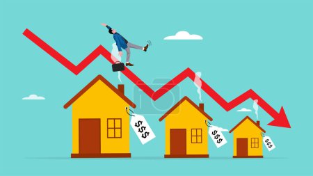 Illustration for Housing prices fall, decline in real estate and property prices, property investment losses, businessman fell from a red graph running down the roof of the house concept illustration - Royalty Free Image