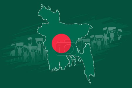Téléchargez les illustrations : Des manifestants derrière la carte du Bangladesh, un beau design national aux couleurs rouges et vertes. Commémoration de l'histoire sombre de 1971 et adapté pour de nombreuses fêtes nationales. - en licence libre de droit