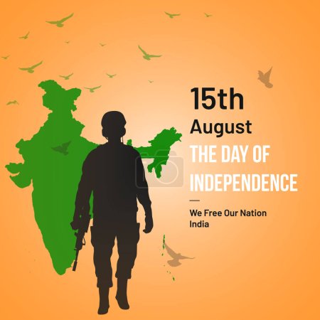Ilustración de Feliz Día de la Independencia de la India con una audaz combinación de colores que representa los colores nacionales de la India, una ilustración del ejército indio, un mapa y palomas simbolizan la libertad. Cuadrado en forma - Imagen libre de derechos