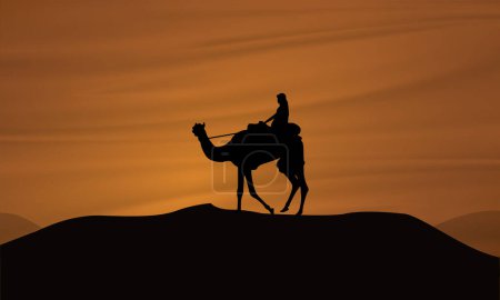 Illustration for Landscape illustration of a tourist on a camel ride in the Middle East. Beautiful design featuring Arabian tourist places, a well-known famous tourist spot showcasing the natural beauty of the desert. - Royalty Free Image