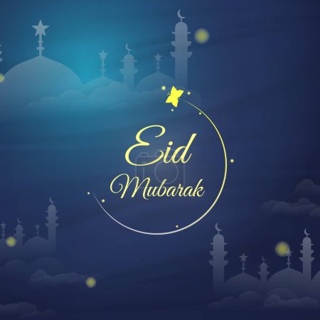 Eid Mubarak Social Media Post, Tarjeta de felicitación, Banner y diseño de póster. Impresionante concepto con mariposas iluminadas, luciérnagas que rodean la tipografía del Eid. Mezquitas en fondo esquema de color azul.