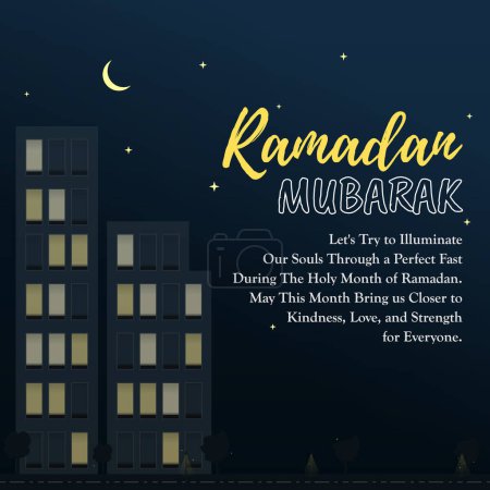 Ramadan Mubarak Social-Media-Post Design, Mitternacht beleuchtet Stadtmenschen aufwachen für das Essen Sahari zum Fasten, muslimischen Glaube. Lasst uns versuchen, unsere Seelen durch ein perfektes Fasten zu erleuchten.