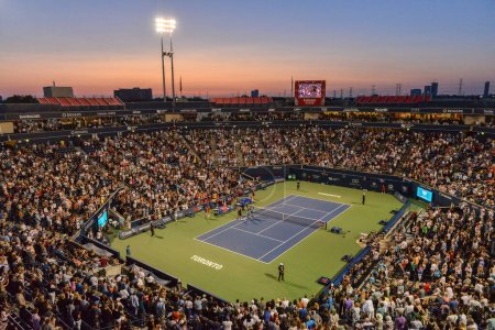 Photo for Toronto, ON, Canada - August 8, 2019: View at Sobeys Stadium, formerly Aviva Centre and Rexall Centre, during the Rogers Cup tennis tournament. The 12,500-capacity Stadium Court is the largest stadium at the tennis complex. Sobeys Stadium is the venu - Royalty Free Image