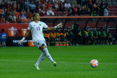 Photo for Toronto, ON, Canada - September 26, 2023:  Rebecca Spencer #13 goalkeeper of the Jamaica national football team kick the ball during the 2023 Concacaf W Olympic Play-In match between women national team of Canada and  Jamaica (Score 2:1) - Royalty Free Image