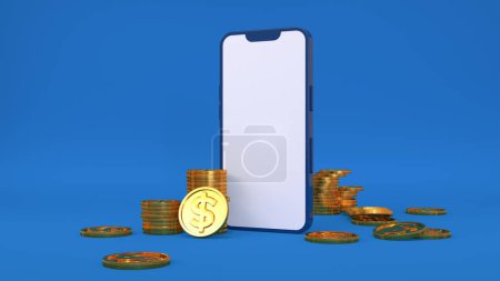 Foto de Representación 3D de un teléfono móvil sobre un fondo azul rodeado de monedas de oro en dólares - Imagen libre de derechos
