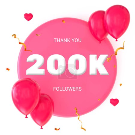 Foto de Representación en 3D de la letra "Thank You 200K Followers" sobre un fondo blanco con una base circular rosa. Rodeado de globos rosados, corazones, serpentinas doradas y confeti - Imagen libre de derechos