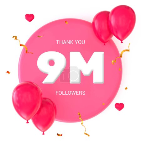 Foto de Representación en 3D de la letra "Thank You 9M Followers" sobre un fondo blanco con una base circular rosa. Rodeado de globos rosados, corazones, serpentinas doradas y confeti - Imagen libre de derechos