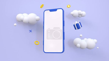 Foto de 3d representación de un teléfono azul rodeado de nubes, un regalo, una moneda y varios artículos pequeños - Imagen libre de derechos