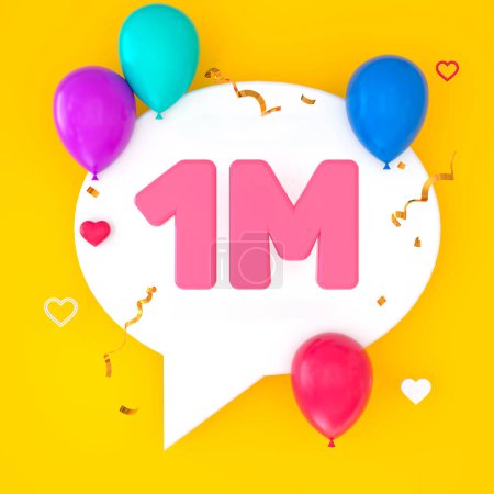 Photo for A white speech bubble with 1 million is depicted on a yellow background. The illustration includes colorful balloons, small hearts, golden confetti, and streamers. 3D Render - Royalty Free Image