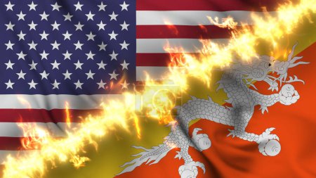 Foto de Ilustración de una bandera ondeante de Bután y los Estados Unidos separados por una línea de fuego. Banderas cruzadas: representación de relaciones tensas, conflictos y rivalidad entre los dos países - Imagen libre de derechos