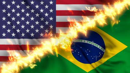 Foto de Ilustración de una bandera ondeante de Brasil y los Estados Unidos separados por una línea de fuego. Banderas cruzadas: representación de relaciones tensas, conflictos y rivalidad entre los dos países - Imagen libre de derechos