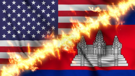 Foto de Ilustración de una bandera ondeante de Camboya y los Estados Unidos separados por una línea de fuego. Banderas cruzadas: representación de relaciones tensas, conflictos y rivalidad entre los dos países - Imagen libre de derechos