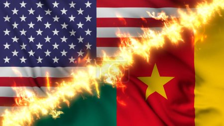 Foto de Ilustración de una bandera ondeante de Camerún y los Estados Unidos separados por una línea de fuego. Banderas cruzadas: representación de relaciones tensas, conflictos y rivalidad entre los dos países - Imagen libre de derechos
