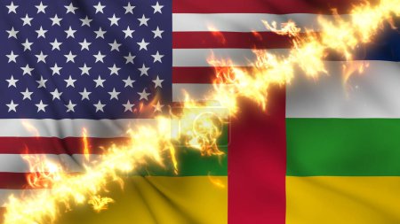 Foto de Ondeando la bandera de la República Centroafricana y los Estados Unidos separados por una línea de fuego. Banderas cruzadas: representación de relaciones tensas, conflictos y rivalidad entre los dos países - Imagen libre de derechos