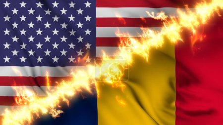 Foto de Ilustración de una bandera ondeante de Chad y los Estados Unidos separados por una línea de fuego. Banderas cruzadas: representación de relaciones tensas, conflictos y rivalidad entre los dos países - Imagen libre de derechos