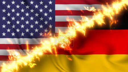 Foto de Ilustración de una bandera ondeante de Alemania y los Estados Unidos separados por una línea de fuego. Banderas cruzadas: representación de relaciones tensas, conflictos y rivalidad entre los dos países - Imagen libre de derechos