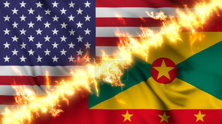 Photo for Illustration of a waving flag of Grenada and the United States separated by a line of fire. Crossed flags: depiction of strained relations, conflicts and rivalry between the two countries - Royalty Free Image