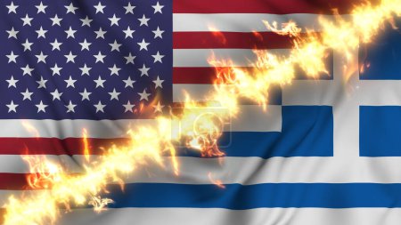 Foto de Ilustración de una bandera ondeante de Grecia y los Estados Unidos separados por una línea de fuego. Banderas cruzadas: representación de relaciones tensas, conflictos y rivalidad entre los dos países - Imagen libre de derechos