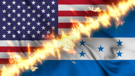 Foto de Ilustración de una bandera ondeante de Honduras y Estados Unidos separadas por una línea de fuego. Banderas cruzadas: representación de relaciones tensas, conflictos y rivalidad entre los dos países - Imagen libre de derechos