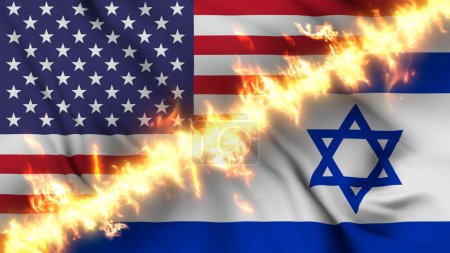 Foto de Ilustración de una bandera ondeante de Israel y los Estados Unidos separados por una línea de fuego. Banderas cruzadas: representación de relaciones tensas, conflictos y rivalidad entre los dos países - Imagen libre de derechos
