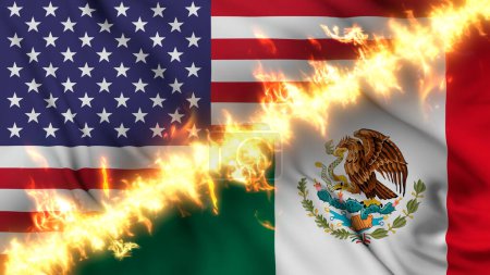 Illustration einer schwenkenden Flagge von Mexiko und den Vereinigten Staaten, die durch eine Schusslinie getrennt sind. Gekreuzte Flaggen: Darstellung der angespannten Beziehungen, Konflikte und Rivalitäten zwischen den beiden Ländern