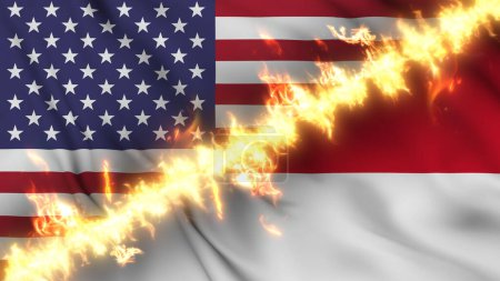 Photo for Illustration of a waving flag of Monaco and the United States separated by a line of fire. Crossed flags: depiction of strained relations, conflicts and rivalry between the two countries - Royalty Free Image