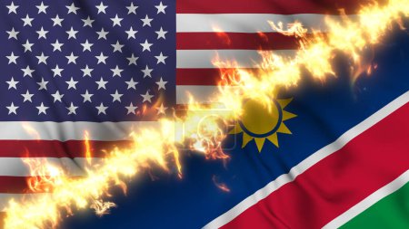 Photo for Illustration of a waving flag of Namibia and the United States separated by a line of fire. Crossed flags: depiction of strained relations, conflicts and rivalry between the two countries - Royalty Free Image