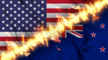 Foto de Ilustración de una bandera ondeante de Nueva Zelanda y los Estados Unidos separados por una línea de fuego. Banderas cruzadas: representación de relaciones tensas, conflictos y rivalidad entre los dos países - Imagen libre de derechos