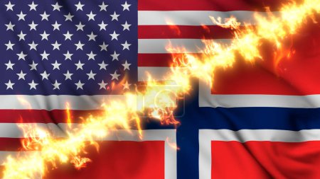 Photo for Illustration of a waving flag of Norway and the United States separated by a line of fire. Crossed flags: depiction of strained relations, conflicts and rivalry between the two countries - Royalty Free Image