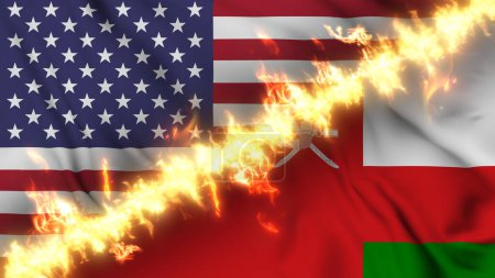 Photo for Illustration of a waving flag of Oman and the United States separated by a line of fire. Crossed flags: depiction of strained relations, conflicts and rivalry between the two countries - Royalty Free Image