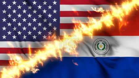 Foto de Ilustración de una bandera ondeante de Paraguay y Estados Unidos separadas por una línea de fuego. Banderas cruzadas: representación de relaciones tensas, conflictos y rivalidad entre los dos países - Imagen libre de derechos