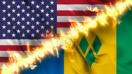Photo for Waving flag of Saint Vincent and the Grenadines and the United States separated by a line of fire. Crossed flags: depiction of strained relations, conflicts and rivalry between the two countries - Royalty Free Image