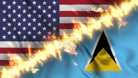 Photo for Illustration of a waving flag of Saint Lucia and the United States separated by a line of fire. Crossed flags: depiction of strained relations, conflicts and rivalry between the two countries - Royalty Free Image