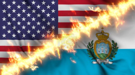 Foto de Ilustración de una bandera ondeante de San Marino y los Estados Unidos separados por una línea de fuego. Banderas cruzadas: representación de relaciones tensas, conflictos y rivalidad entre los dos países - Imagen libre de derechos