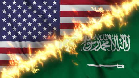 Foto de Ilustración de una bandera ondeante de Arabia Saudita y los Estados Unidos separados por una línea de fuego. Banderas cruzadas: representación de relaciones tensas, conflictos y rivalidad entre los dos países - Imagen libre de derechos