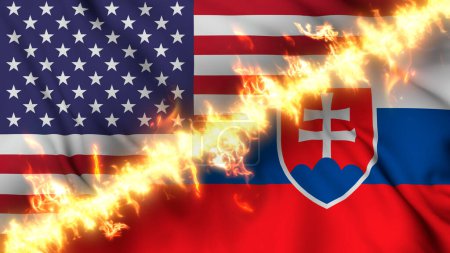 Photo for Illustration of a waving flag of Slovakia and the United States separated by a line of fire. Crossed flags: depiction of strained relations, conflicts and rivalry between the two countries - Royalty Free Image