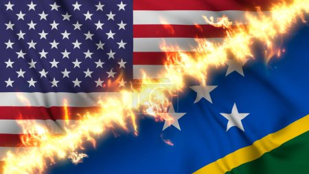Photo for Illustration of a waving flag of Solomon Islands and the United States separated by a line of fire. Crossed flags: depiction of strained relations, conflicts and rivalry between the two countries - Royalty Free Image