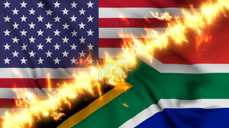 Foto de Ilustración de una bandera ondeante de Sudáfrica y los Estados Unidos separados por una línea de fuego. Banderas cruzadas: representación de relaciones tensas, conflictos y rivalidad entre los dos países - Imagen libre de derechos