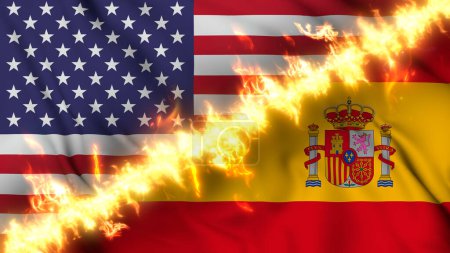 Photo for Illustration of a waving flag of Spain and the United States separated by a line of fire. Crossed flags: depiction of strained relations, conflicts and rivalry between the two countries - Royalty Free Image