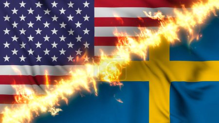 Photo for Illustration of a waving flag of Sweden and the United States separated by a line of fire. Crossed flags: depiction of strained relations, conflicts and rivalry between the two countries - Royalty Free Image