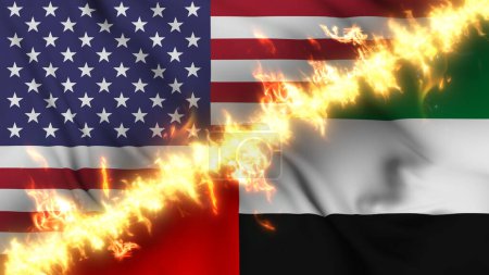 Photo for Waving flag of United Arab Emirates and the United States separated by a line of fire. Crossed flags: depiction of strained relations, conflicts and rivalry between the two countries - Royalty Free Image