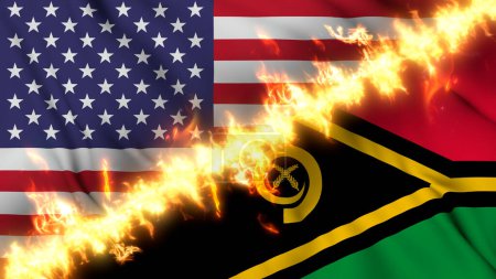 Photo for Illustration of a waving flag of Vanuatu and the United States separated by a line of fire. Crossed flags: depiction of strained relations, conflicts and rivalry between the two countries - Royalty Free Image